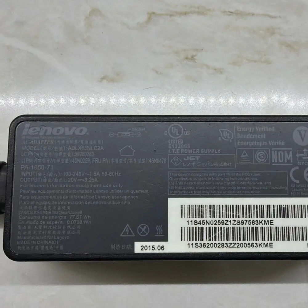 Lenovo ADLX65NLC2A 20V 3.25A 65W Yellow Square Tip AC Adapter TESTED WORKING